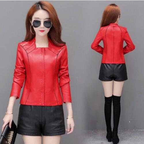 Women Classic Moto Biker PU Leater Jacket Spring Autumn Basic Zipper Coat Plus Size Outerwear Slim Fit Faux Leather Jacket 5XL