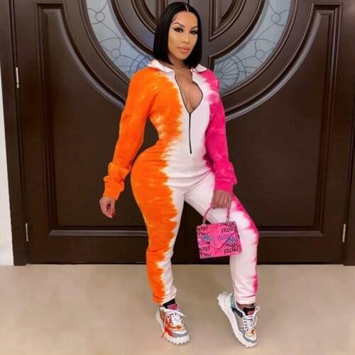 Tie Dye Long Sleeve Jumpsuit Women Rompers Sport Clothes for Women 2020 Fall Front Zipper Casual Rompers Womens Jumpsuit Pants