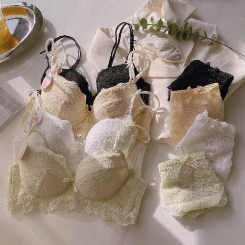 Full Lace Thin Cotton Cup With Pad Adjustable Young Ladies Underwear Sets Wire Free Female Bra And Panty Push Up Women Intimates