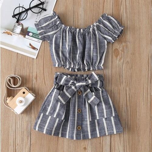 100% Cotton Baby Girl Outfits Stripe 2PCS/Set Off-Shoulder Tube Top + Big Bow Skirt Sets Outfit