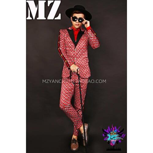 Mens Embroidery Printed Striped Slim Suit Male Singer Performance Costume Homme Personality Nightclub DJ Bar Dress Masculino