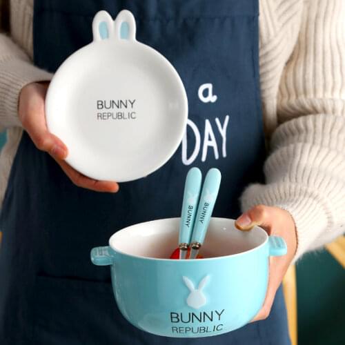 OUSSIRRO Cartoon Rabbit Creative Instant Noodles Bowl With Lid Ceramic Bowl Cute Student Job Bowl Soup Bowl
