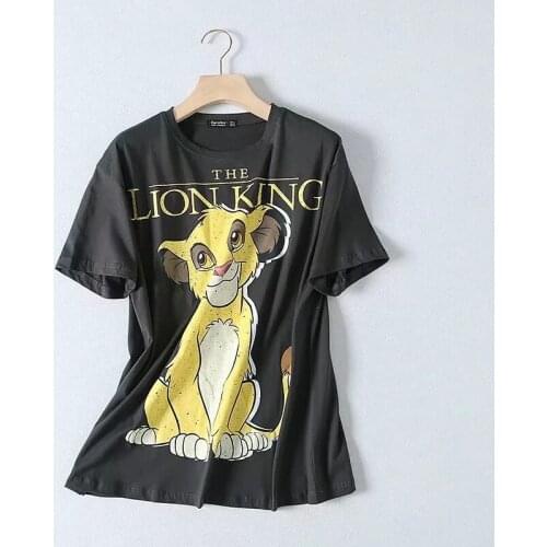Summer Black Ladies T-shirt Little Lion King Cartoon Print Casual Round Neck Cotton Short-Sleeve T-shirts (Have Long-sleeve)