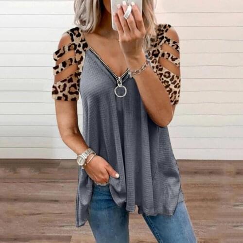 Summer Harajuku Womens T-shirt Sexy V-neck Short Sleeve Casual Top Low-cut Zipper Leopard Strapless Short Sleeve T-shirt 2021