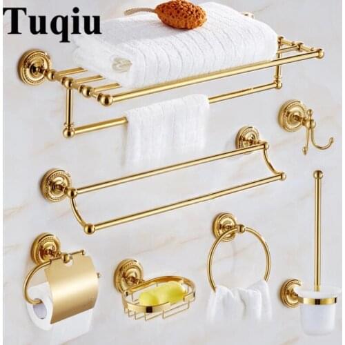 Brass Bathroom Accessories Set, Gold Robe hook,Toilet Brush Paper Holder,Towel Bar,Soap basket,Towel Rack bathroom Hardware set