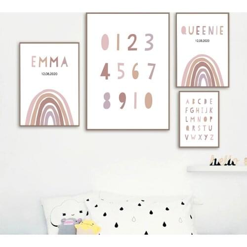 Personalized Rainbow Name Custom Wall Art Poster Pink Alphabet Canvas Painting Arabic Numerals Art Print Nordic Baby Room Decor