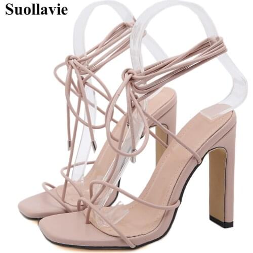 Suollavie 2020 New lace up women sandals femmes sandales narrow Band chunky solid Rome women shoes leisure sapatos das mulheres