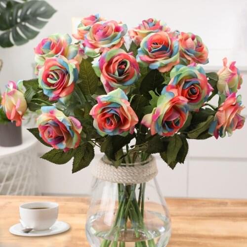 Single Branch Artificial Rose Flowers DIY Silk Fake Flower Mothers Day Valentines day Gift Wedding Holding Flower Decorations