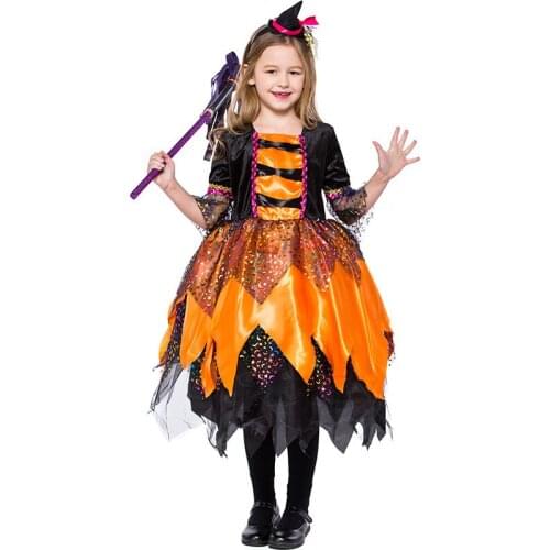 Orange Pumpkin Witch Costume Cosplay For Kids Halloween Costume For Children Carnival Performance Party Dress Suit