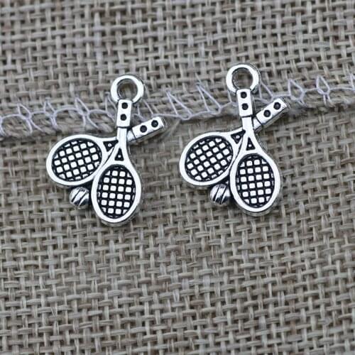 Q0020 High Quality 50 Pieces/Lot 14mm*18mm Antique Silver Plated Alloy Metal Sports Tennis Racket Charm Tennis Ball Charms