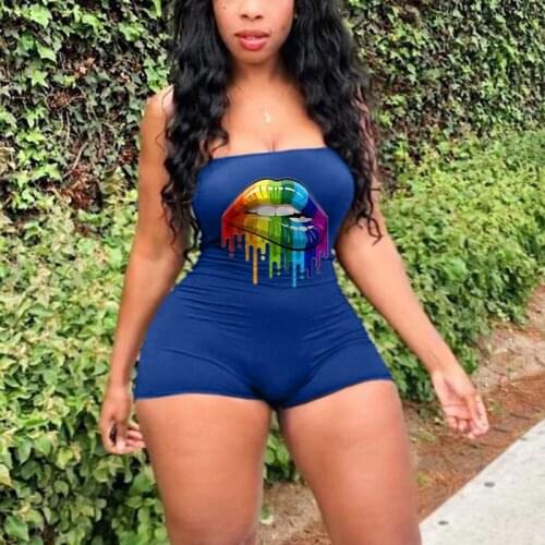 Plus Size The New 2021 Hot Womens Jumpsuit Print Lip Wrap Breasted Shorts Sexy Sleeveless Wrap Buttock Hot Nightclub Jumpsuit