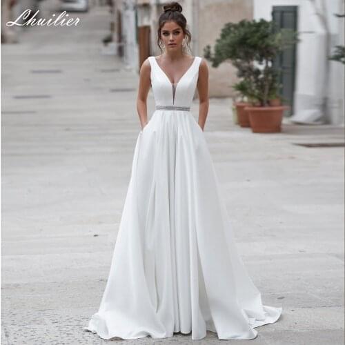 Lhuilier Sexy A Line V Neck Satin Wedding Dresses 2021 Sleevelss Floor Length Backless Bridal Gowns with Beading Belt
