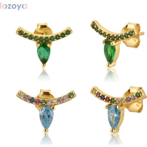 Lozoya 925 Sterling Silver Green Blue Zircon Ovals Stud Earring Line Piercng Ohrringe Luxury 2020 Rock Punk Party Jewelry