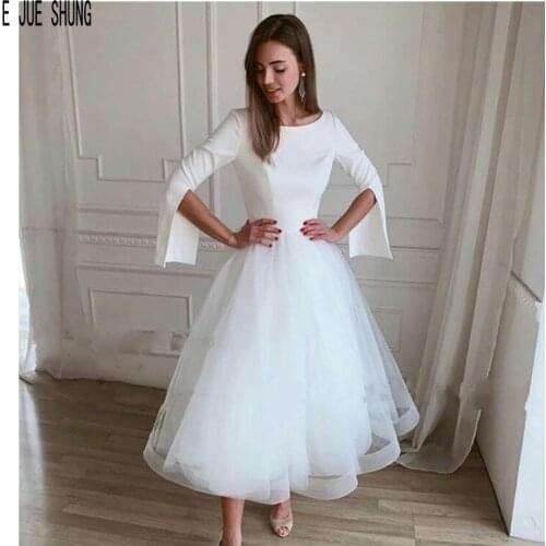 E JUE SHUNG Chic Tea Length Ball Gown Wedding Dresses Lace Up Back Half Sleeves Bridal Gowns robe de mariee