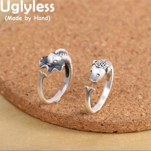 Uglyless Handmade Fishes Rings for Women Vintage Thai Silver Animal Jewelry Creative Gifts 925 Sterling Silver Fish Rings Ethnic