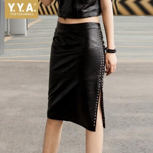New Fashion Womens High Street Genuine Leather Sheepskin Rivet Split A-Line Natural Waist Skirts Female Falda Plus Size