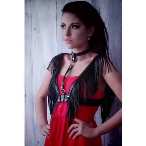 COLDKER Club Wear ladies Harness Top V-cut Woman Black Studded Leather Tassel Bra Belt Festival Rave Rock Punk Choker Top