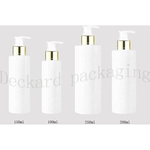100/150/200/250ml white empty liquid soap gold collar pump container,empty cosmetic packaging bottle with dispenser shampoo pump