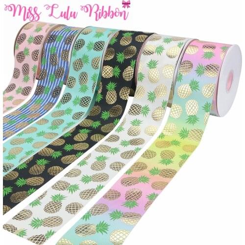 3 "75mm Fruit Series Gold Pineapple Print 6-color Stripe / Gradient Gold Foil Ribbon DIY Gift Decoration Size 50 / Roll