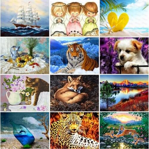 Diy Diamond Painting Yellow Flip Flops Blue Drifting Bottle Sailing Boat On The Sea Siberian Tiger Beautiful Landscape Poster
