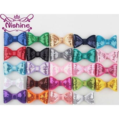 Nishine 30pcs/lot 2" Embroideried Sequin Bows For Headband Hair Clip Kids Girls DIY Hair Bow Hair Accessories(Color:24 Colors)