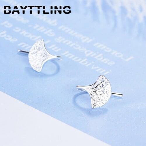 BAYTTLING 925 Sterling Silver 14MM Fine Carved Almond Leaf Small Fresh Earrings For Women Fashion Wedding Gift Jewelry
