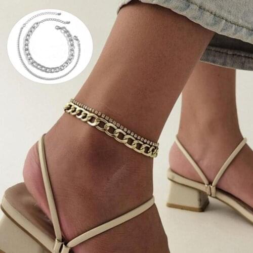 2Pcs Female Bohemian Shiny Rhinestones Summer Anklets Women Ankle Bracelets Girls Barefoot on Leg Beach Chain Jewelry Gift