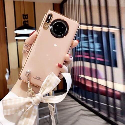 For Huawei P40 Pro P30 P20 Mate 30 Pro Case Bowknot Crossbody Lanyard Neck Wrist Strap Airbag Plating Phone Silicon Cover Shell