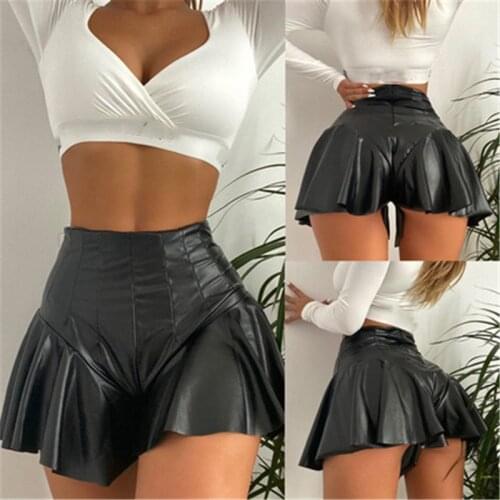 CHRONSTYLE 2021 Women Sexy PU Lether Shorts Skirts High Waist Soild Color Shorts Party Clubwear Summer Fashion A-Line Mini Skirt