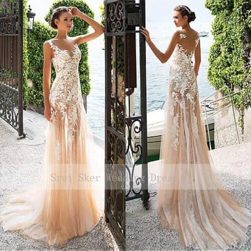 Marvelous Illusion Neckline Sheath Lace Wedding Dresses Champagne Tulle Gowns Appliques Gowns Bridal Dresses See Through Back