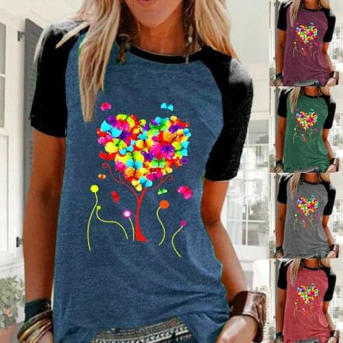 Women Plus Size Casual Butterfly Printed Raglan Sleeve Shirts Crew Neck Ladies Fashion Loose T-shirt Short Sleeve Blouse Tops
