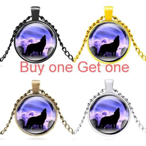 Classic Wolf Pattern Black Glass Dome Charm Pendant Necklace Men Women Jewelry Accessories Gifts