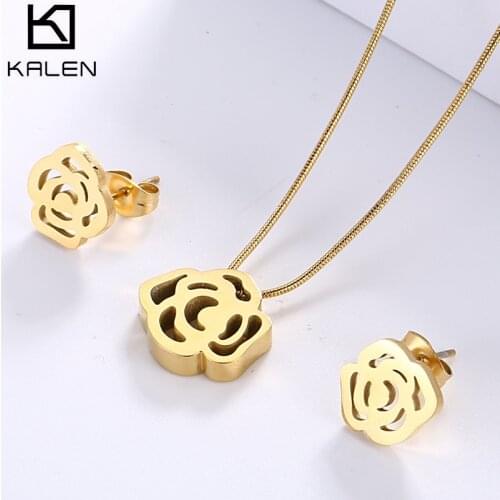 KALEN Flower Pendant Chain Necklace Earring Butterfly Bridal Wedding Jewelry Sets For Women Stainless Steel Gold Jewelry Set