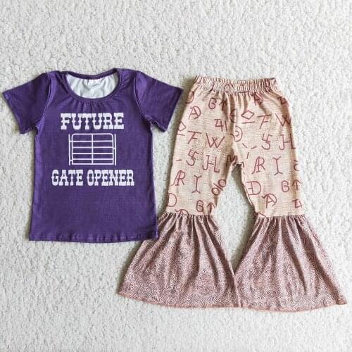 Purple Shirt Bell Pants 2 Pcs Sets Fashion Girls Summer Fall Spring Suits Baby Kids Boutique Wholesale Good Quality Clothing Rts