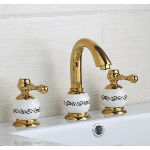 Copper three hole sink basin faucet golden, Brass handle bathroom bathtub faucet deck, Wash basin faucet mixer hot and cold