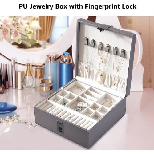 Jewelry Organizer Display Travel Jewelry Case Boxes With Fingerprint Lock Pu Jewelry Box 2-Layer Large Capacity Storage