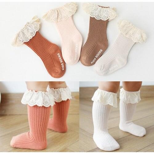 1-3Y 4 Colors Kids Toddlers Girls Knee High Long Soft Cotton Floral Lace Frill Trim Baby Children Cute All match Socks