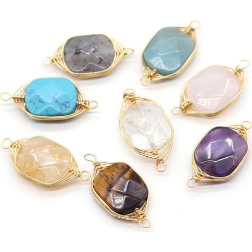 Natural Stone Pendant Connector Rectangle Faceted Crystal Agates Amethysts Stone Charm for Jewelry Making Necklace Bracelet