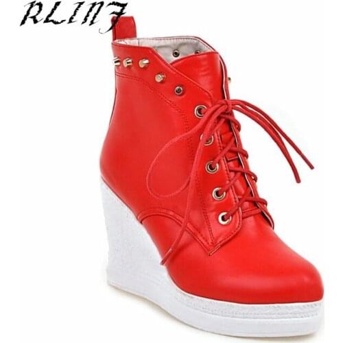 RLINF Women Wedge Platform Oxford High Heel Pointed Toe Rivet Boots British Fashion Laced Wedge Casual Boots High Heel Boots