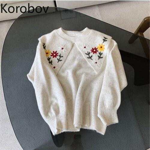 Korobov Flower Embroidery Turn-Down Collar Women Sweaters 2020 New Vintage Sweet Sueter Mujer Korean Elegant Pullovers Femme