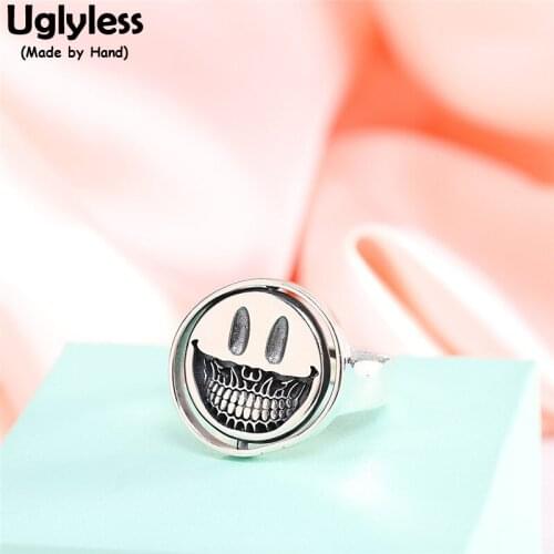 Uglyless Spinning Double Sides Skull Smile Rings for Women Men Unisex Glossy Silver Rings 925 Silver Instagram Fashion Jewelry