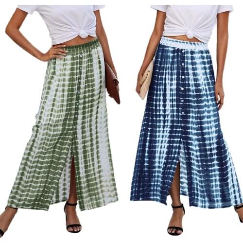 Tie Dye Print Long Maxi Skirts Women Elastic High Waist Skirt with Buttons Female Summer Fashion Streetwear Split Skirts