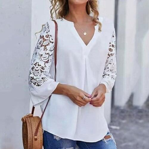 Autumn Womens Tops Fashion V Neck Casual Loose Lace Middle Sleeve Woman Black And White T Shirt Elegant Ladies Office Clothes