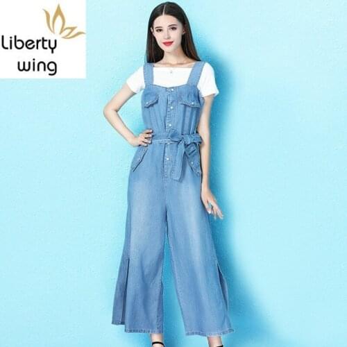 High Quality Womens Sleeveless Suspender Silk Denim Jumpsuits Summer Pockets Sashes Side Split Female Straight Wide Leg Pants