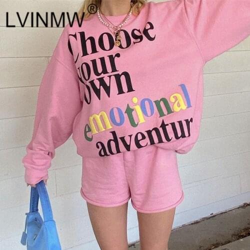 LVINMW Letter Print Casual Slim Autumn Women 2pc Outfits Fashion Streetwear Long Sleeve Elastic Waist Shorts Sets Preppy Style