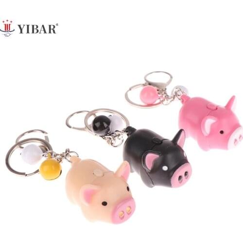 1PCS Mini Adorable Pig Keychain LED Luminous Sound Cartoon Pig Key Ring