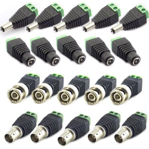 10pcs 12V 2.1*5.5mm DC BNC Male Female Adapter Coax CAT5 Video Balun Plug Connector for Led Strip Lights CCTV Camera Accessories