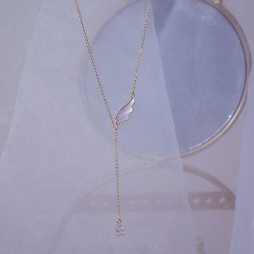 14k Real Gold Plated Exquisite Flash Zircon Long Water Drop Shell Wing Necklaces Clavicle Chain Luxury Necklace