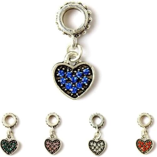 5PCS New Silver Color Cheap Love Pendant Colorful Crystal Heart Alloy Charms Fit Women DIY Bracelet Jewelry Accessories Making