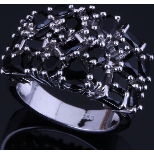 Sparkly Black Cubic Zirconia Silver Plated Ring V0582